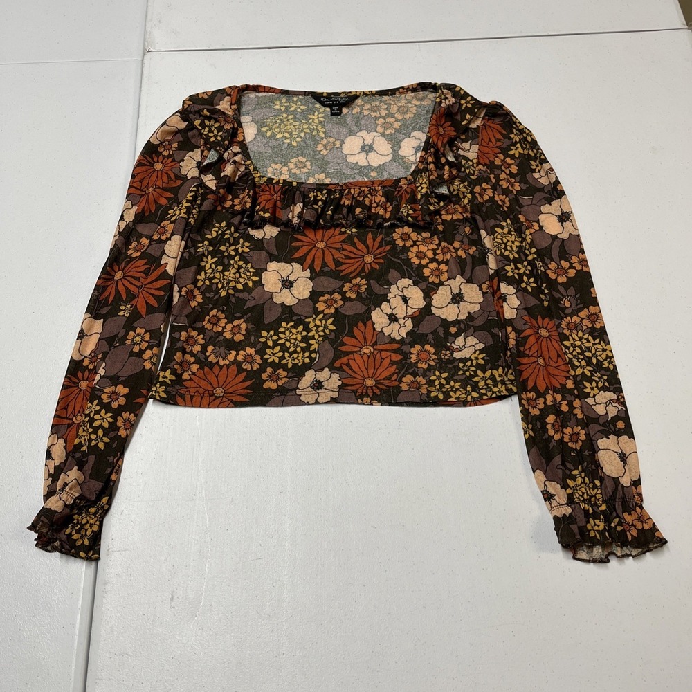 Miss Selfridge Top Brown Sheer Retro Floral Crop Size 8 Boho Hippie Festival - Picture 4 of 9